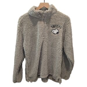 Snoopy Peanuts Fuzzy Fleece Quarter Zip Pullover Gray Women's Medium